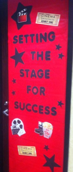 a red door with black stars and stickers on it that says setting the stage for success