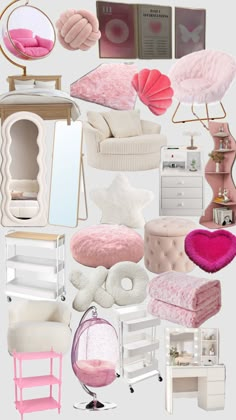 a collage of pink and white furniture