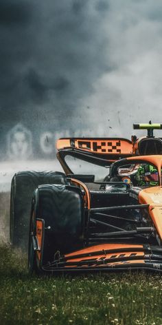 an orange race car driving through the grass on a cloudy day with dark clouds in the background