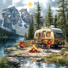 a camper parked next to a lake with two chairs and a fire in the foreground