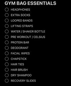 the gym bag essentials list on a black background with text that says gym bag essentials