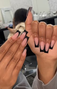 Black Frend Tip, Black Nail Sets Medium Coffin, Black Design Coffin Acrylic Nails, Long Acrylic Nails Black French Tip, Nail Ideas French Tip Black, French Nails In Black, Long Black French Tip Nails With Design, Basic Nail Set Ideas, Long Simple Nails Acrylic