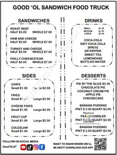 the food truck menu for good ol sandwich