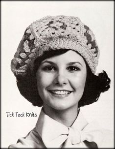 "Vintage crochet pattern PDF to make a Granny Square Beret for women or teenage girls, circa 1970's. Pattern description says, \"A six-sided granny forms the center of this jaunty beret. Six traditional grannies and a single crochet headband complete the hat. It takes so little time and is such fun to make that you'll soon have a whole wardrobe of berets to go with every outfit.\" Crocheted in worsted weight cotton yarn on a US size E (3.50mm) crochet hook at a gauge of each square measures = 5\" (12.7cm). Pattern gives instructions for one size:  To fit heads with a circumference of 22\" (56cm) You will need approximately the following amount of worsted weight yarn to crochet this hat: MC Dark Rose - 250 yards 125 yards in each of CC's Red, Orange, Medium Blue, and Turquoise This pattern Vintage Crochet Hat For Winter, Retro Crochet Hat For Winter, Retro Winter Crochet Hat, Beret Crochet Pattern, Beret Crochet, Beret Pattern, Crochet Beret, Womens Crochet Patterns, Holiday Hats