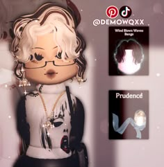 an image of a doll with glasses and jewelry on it's head, standing in front of a wall