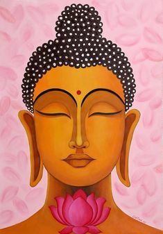 a painting of a buddha face with a pink flower in front of it