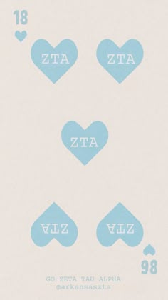 three blue hearts with the words zeta and zita written in white on them