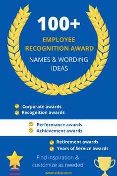 a blue and white poster with the words, 100 + employee recognition award names & wording ideas