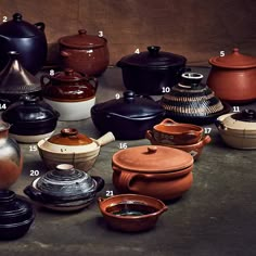 a table topped with lots of different types of pots