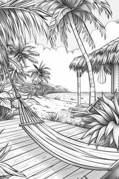 a black and white drawing of a hammock on a beach with palm trees