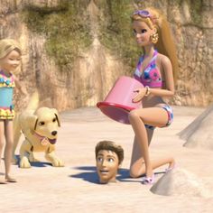 barbie and friends playing in the sand with a dog on their lap, one girl is wearing a bathing suit