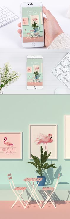 two different screens with flamingos on them, one is holding a phone and the other has