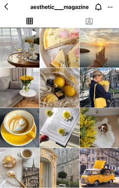 a collage of photos with yellow and white