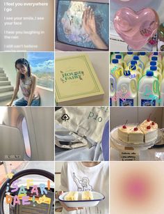 a collage of photos with various items including cake, water bottle and other things