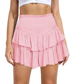 PRICES MAY VARY. 【Fabric】Womens Ruffle hem mini skirt is made of high-quality rayon fabric, soft and comfy, flowy and lightweight, skin-friendly and stretchly, makes you feeling well. 【Features】Shirred elastic high waist, stretchy smocked waistband, tiered ruffled layers, two-tiers of ruffles, flared flowy, fashion pleated hem, fully lined, inner lining, mini length, solid color, casual trendy style. This women's flowy skirt flows naturally when you walk and perfectly shows your charm. 【Occasion Flowy Fashion, Pink Ruffle Skirt, Flowy Mini Skirt, Mini Pleated Skirt, Tiered Mini Skirt, Ruffle Mini Skirt, Beach Skirt, Mini Short, Hem Skirt