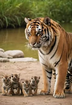 a mother tiger with her four cubs in front of some water and rocks on the ground