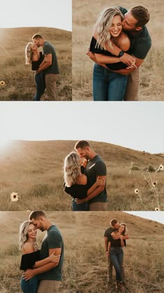 a man and woman hugging each other in a field