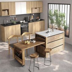 a kitchen with an island, table and chairs next to a window in the room