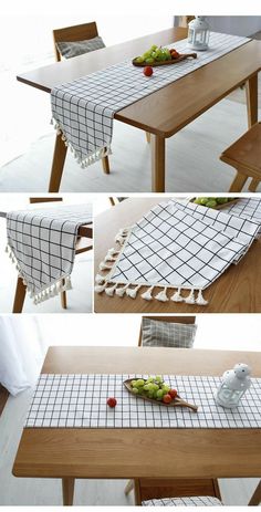 four different views of a dining table with place mats on the top and bottom, along with an empty plate