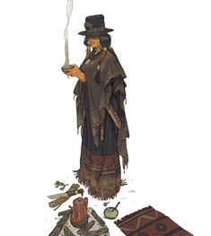 a drawing of a woman dressed as a witch holding a knife and looking at the ground