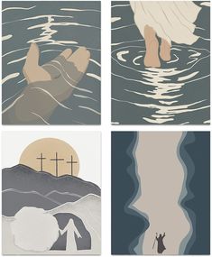 four different paintings depicting people in the water and jesus walking on the cross above them