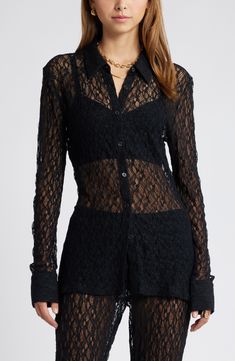 Add a grace note to your button-up collection with an option crafted in delicate lace from collar to cuffs. Front button closure Spread collar Long sleeves 98% nylon, 2% spandex Hand wash, line dry Imported Classic Sheer Tops For Fall, Collared Lace Tops For Work, Sheer Collared Tops For Fall, Lace Button-up Blouse With Lace Cuffs, Lace Button-up Top For Work, Lace Button-up Blouse For Party, Lace Button-up Party Blouse, Elegant Long Sleeve Lace Shirt, Lace Blouse With Button Closure For Work