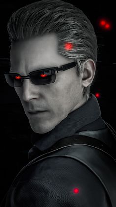 a man wearing sunglasses with red lights on his eyes