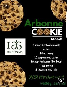 an advertisement for arbonne cookie dough with chocolate chip cookies in the middle and above it