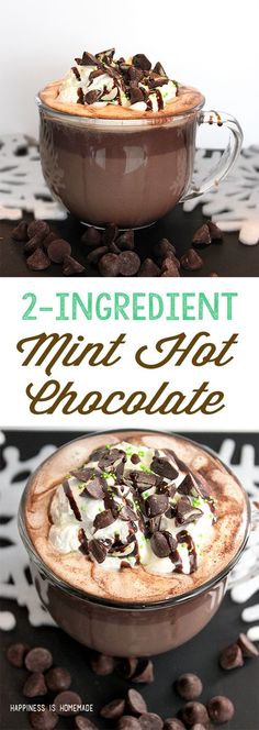 two ingredient hot chocolate with whipped cream and chocolate chips