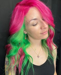 Pink Hair With Green Underneath, Green Hair With Pink Highlights, Pink To Green Ombre Hair, Green And Pink Dyed Hair, Pink Hair With Green Highlights, Pink Hair With Green Tips, Pink And Green Peekaboo Hair, Pink And Green Hair Ideas, Pink And Green Short Hair