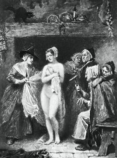 an old black and white drawing of three women