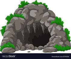 an illustration of a cave with green plants growing out of the entrance and rocks on either side