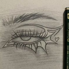 a pencil drawing of an eye with long lashes and hearts on the outside of it