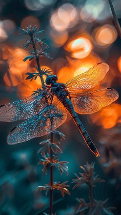 a blue dragonfly sitting on top of a plant with blurry lights in the background