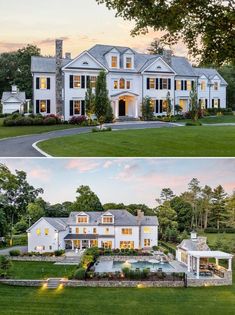 two pictures of a large white house with lots of windows