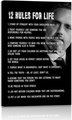 a poster with the words 12 rules for life written in front of it and an image of a man's face