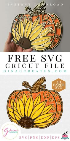 an orange and yellow pumpkin with the words free svg cricut file on it