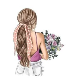 a drawing of a woman with flowers in her hair and a scarf around her neck