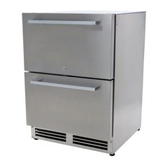 a silver refrigerator freezer sitting on top of a white counter next to a drawer