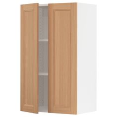 an open cabinet with two doors and shelves on the side, in front of a white background