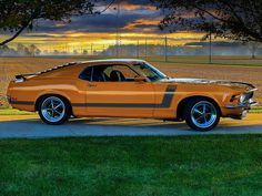 an orange muscle car parked in front of a field with trees and grass at sunset