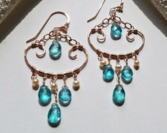 Aqua Chandelier, Volcano Village, Chandelier Earrings Diy, Wirework Jewelry, Diy Jewelry Rings, Aqua Earrings, Pearl Chandelier, Flat Wire, Diy Jewlery