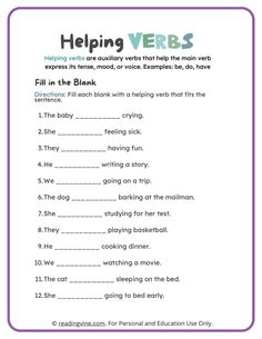 the worksheet for helping verbs is shown in purple and white, with words above