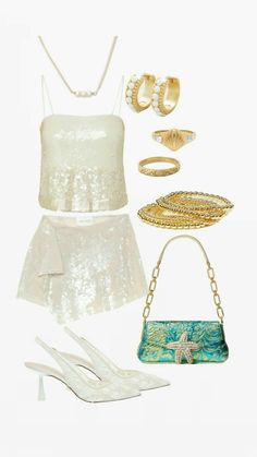 a woman's outfit and accessories including shoes, handbag, bracelets, sandals and necklaces