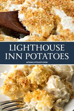 a close up of food on a plate with a fork and text overlay that reads lighthouse inn potatoes