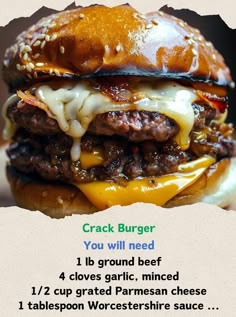 a hamburger with cheese and other toppings is shown in this ad for the restaurant