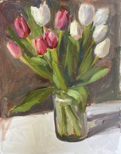 a painting of tulips in a glass vase