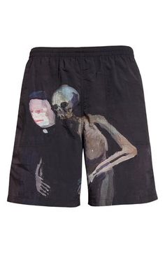 Artwork by Berlin-based painter and sculptor Helen Verhoeven brings an element of the macabre to these pull-on shorts crafted of nylon taffeta. Elastic waist Side-seam zip pockets; back zip pocket 100% nylon Dry clean Imported Designer Clothing Asian Owned/Founded Helen Verhoeven, Print Shorts, Sculptor, Printed Shorts, Zip Pockets, Painter, Berlin, Designer Clothing, Elastic Waist