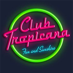 the logo for club tropolona fun and sunshine, with neon lights in the background