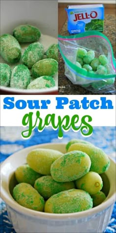 sour patch grapes in a white bowl with green sprinkles on top and the words sour patch grapes below